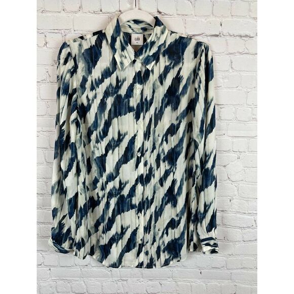 CABI striped white cream blue button down shirt top blouse collared size SM S - Picture 1 of 8